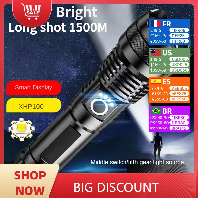 Most Powerful xhp100 LED Flashlight usb Rechargeable 18650 Zoom Aluminum Alloy led torch Best Camping, Outdoor & Emergency use