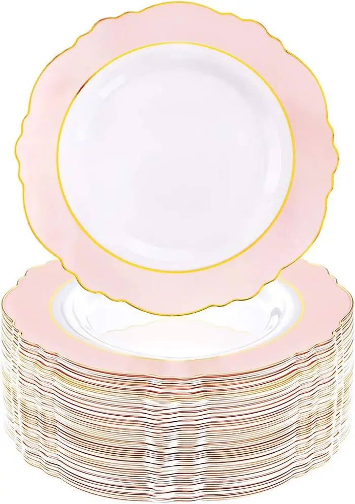 60pcs Pink Plastic Plates - 10.25inch Baroque Pink &Gold Disposable Dinner Plates for Upscale Parties &Wedding-Special