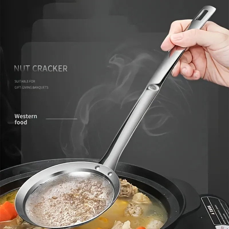 Stainless Steel Skimming Spoon - Fine Mesh Strainer with Long Handle for Cooking, Soup Skimmer, Oil Removal, Foam Removal, Kitch