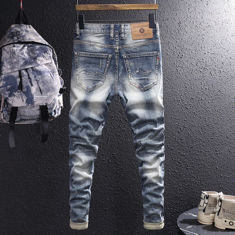 Fashion Vintage Men Jeans High Quality Retro Blue Plain Washed Elastic Slim Fit Ripped Jeans Men Embroidery Designer Denim Pants