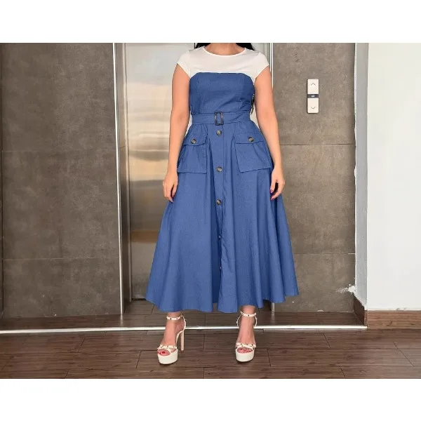 

Elegant Bodycon for Dress Woman 2025 Summer Long Color Block Short Sleeve Pocket Patchwork Female Streetwear Vestidos Dresses