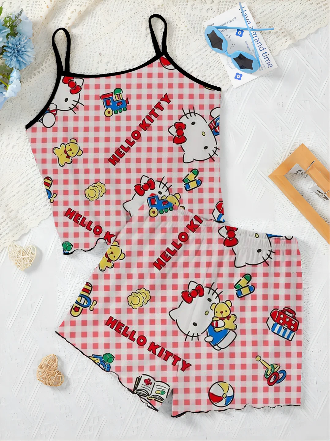 Pyjama Rok Elegante Dames Sets Zomer Outfit Top Disney Home Dress Hello Kitty Sla Trim T T-Shirt Stukken Korte Broek