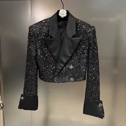 2024 moda Blazer corto con paillettes donna Vintage coreano manica lunga Blazer capispalla Chic giacca cappotto Blazer Femme