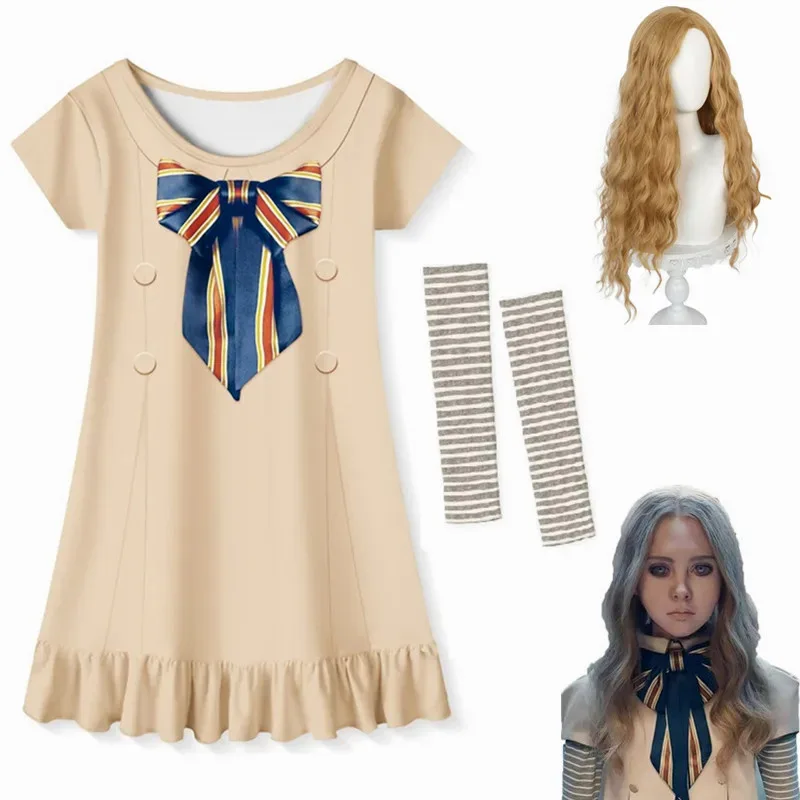 2025 12 M3GAN أزياء تنكرية شعر مستعار ميغان AI دمية الروبوتات فستان جوارب طويلة حقيبة M3GAN مجموعة كاملة الزي للفتيات عيد الهالوين