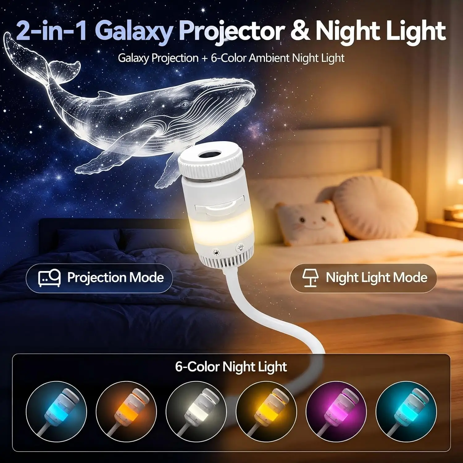 5D Galaxy Projector  2 in 1 USB Star Projector Night Light with 13 Slides, 360° Flexible Gooseneck Ceiling Projector Bedroom