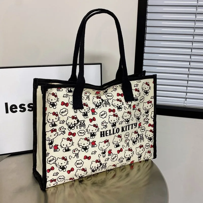 Sanrio Hello Kitty Canvas Bag Tote Bag Shoulder Storage Makeup Pouch Totbao Handbag Travel Shopping Bag Kid Schoolbag Girl Gift