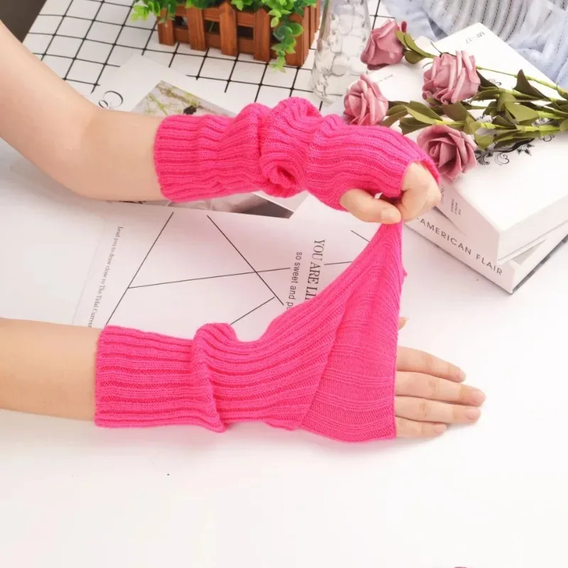 30cm Fingerless Gloves Women Winter Warm Arm Sleeve Knitted Arm Warmer Fine Mitten Casual Soft Goth Clothes Punk Gothic Gloves