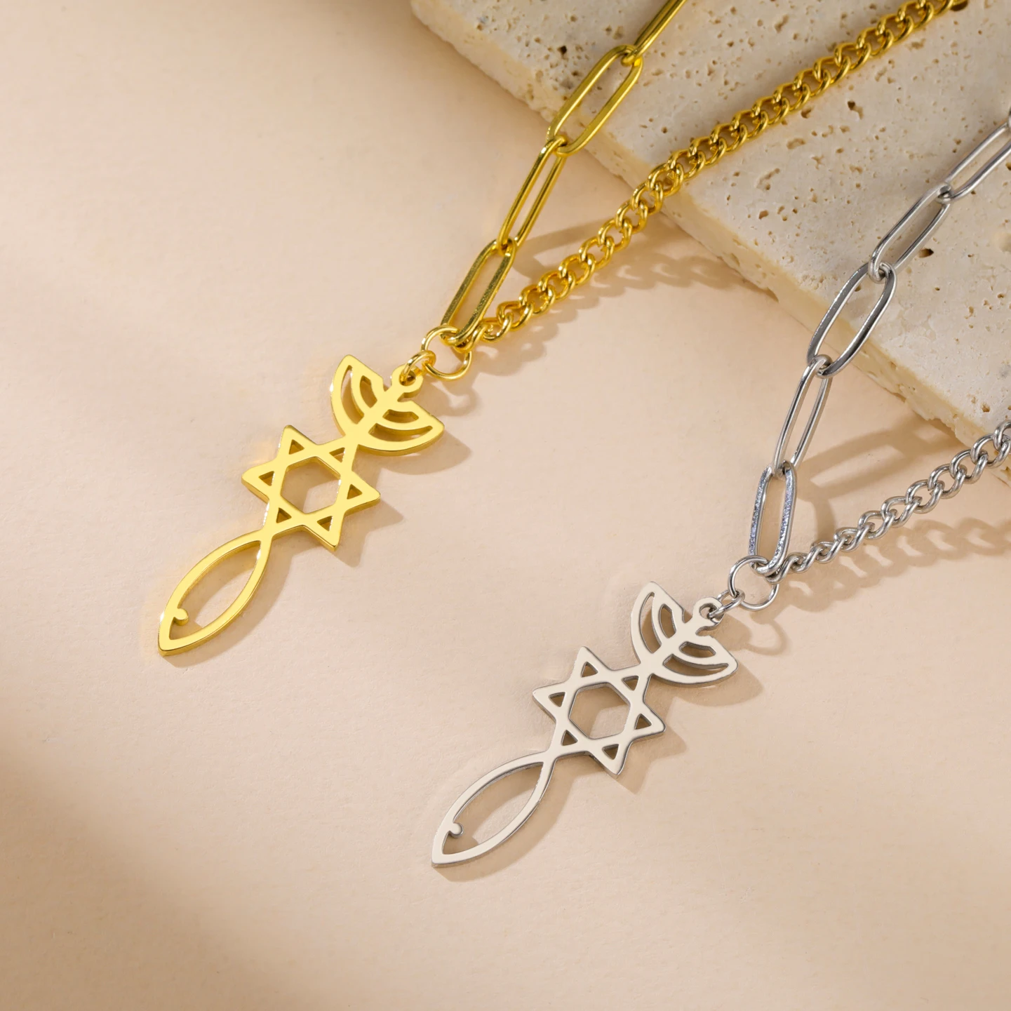 Teamer-collar con colgante de estrella de David Ichthys para hombre y mujer, joyería de acero inoxidable con sello messiano judío, Menorah
