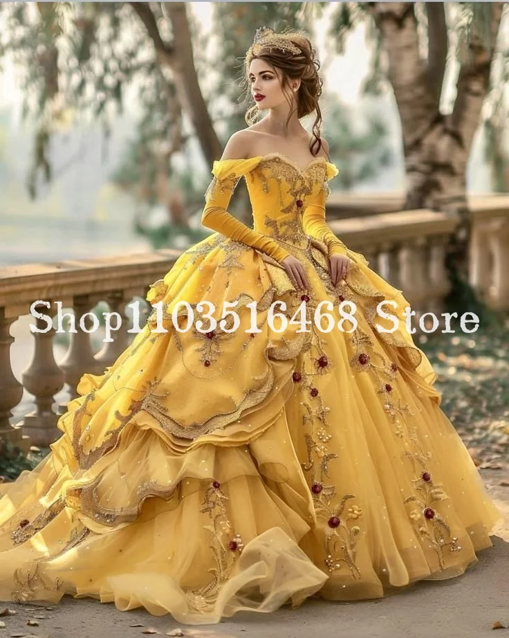 

Puffy Victorian Prom Dress Gold Strapless Long Sleeve Floral Embroidered Lace Pleated Princess Long Medieval Masquerade Custom