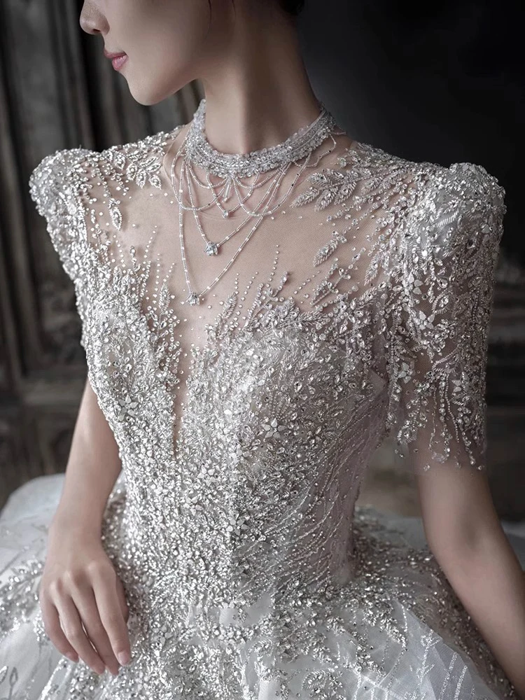 Ele Wedding Dr 2025 New Heavy Embroidery Luxury Long Train Court Sle for Bride Women Lace Svel Deep V Ne