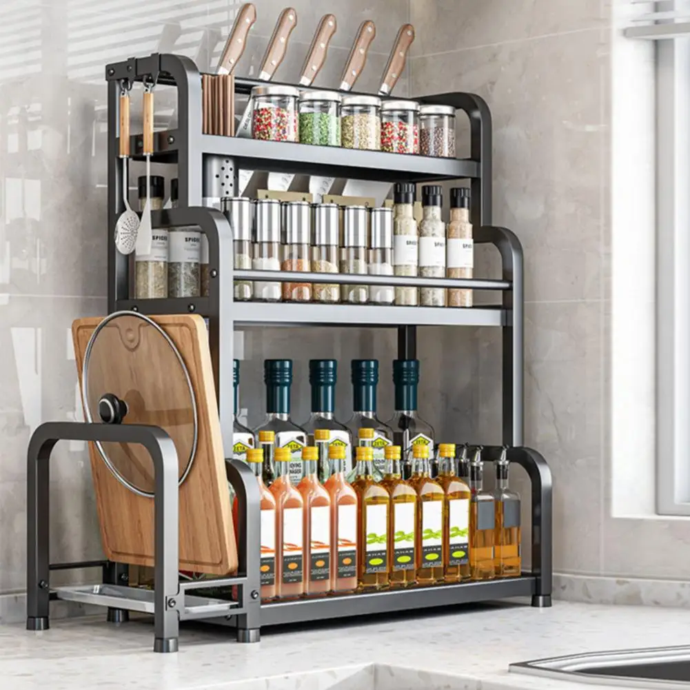 Standing Spice Rack, 3-Tier Kitchen Countertop Shelf with Stepped Design, Spice Rack Organizer and Hooks, Utensil Holder, Choppi