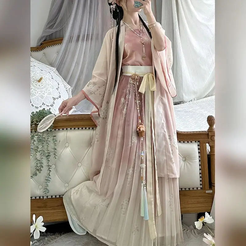 Chinese Style Hanfu Dress Set Women Traditional Elegant Flower Print Princess Dress Female Vintage Sweet Dance Stage Costumes