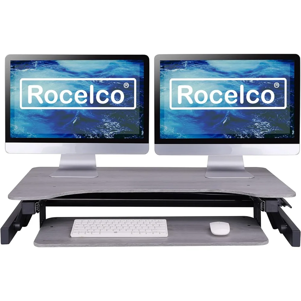 Height Adjustable Desk Converter with Dual Monitor Stand and Retractable Keyboard Tray for Optimal Ergonomics and Comfort