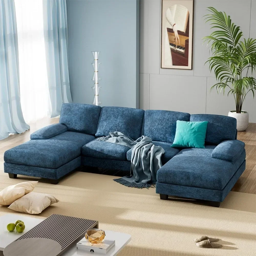 

Convertible Sectional Sofa Couch,Fabric Modular Sofa Sleeper Chaise Memory Foam Blue 4 Seat Sofa Set for Living Room U-Shaped