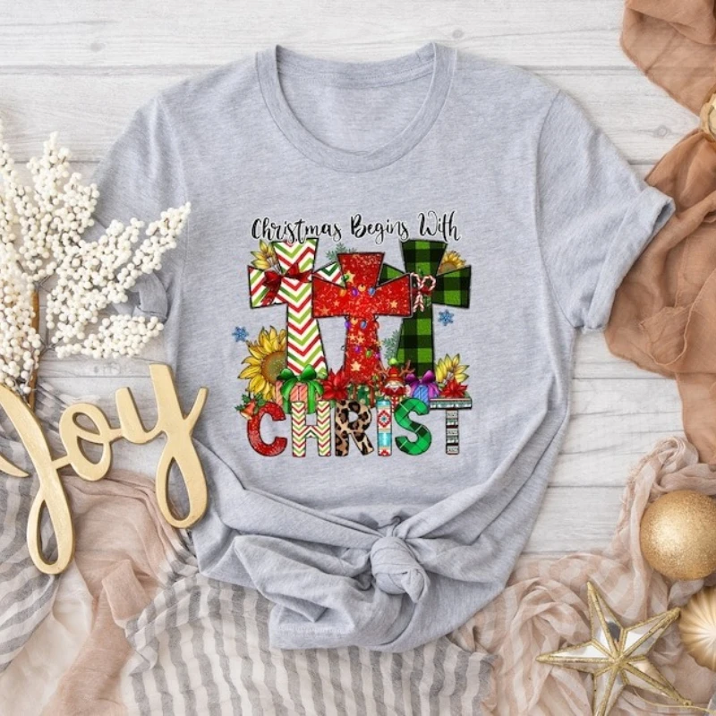 Merry Christmas Shirt Leopard Christmas Shirt for Women Religious Christmas Cotton T-shirt Cross Shirt Christmas Gift for Mom
