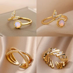 Fashion Leaves Opal Rings For Women Stainless Steel Opal Crystal Stone Leaves Finger Ring Engagement Bohemian Jewelry Gift
