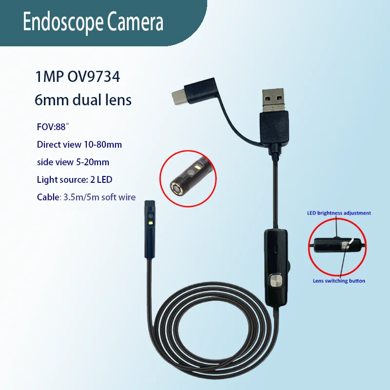 

1MP 6mm Dual Lens HD USB Industrial Endoscope 3-in-1 Cable, Windows Driver-Free, Supports OTG (EZ DUAL CAM 6mm)