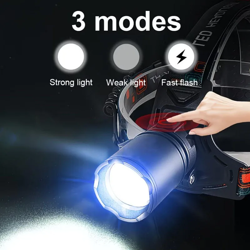 USB 충전식 알루미늄 합금 전조등 슈퍼 밝은 전면 헤드 램프 3 조명 모드 줌이 가능한 ... - 1