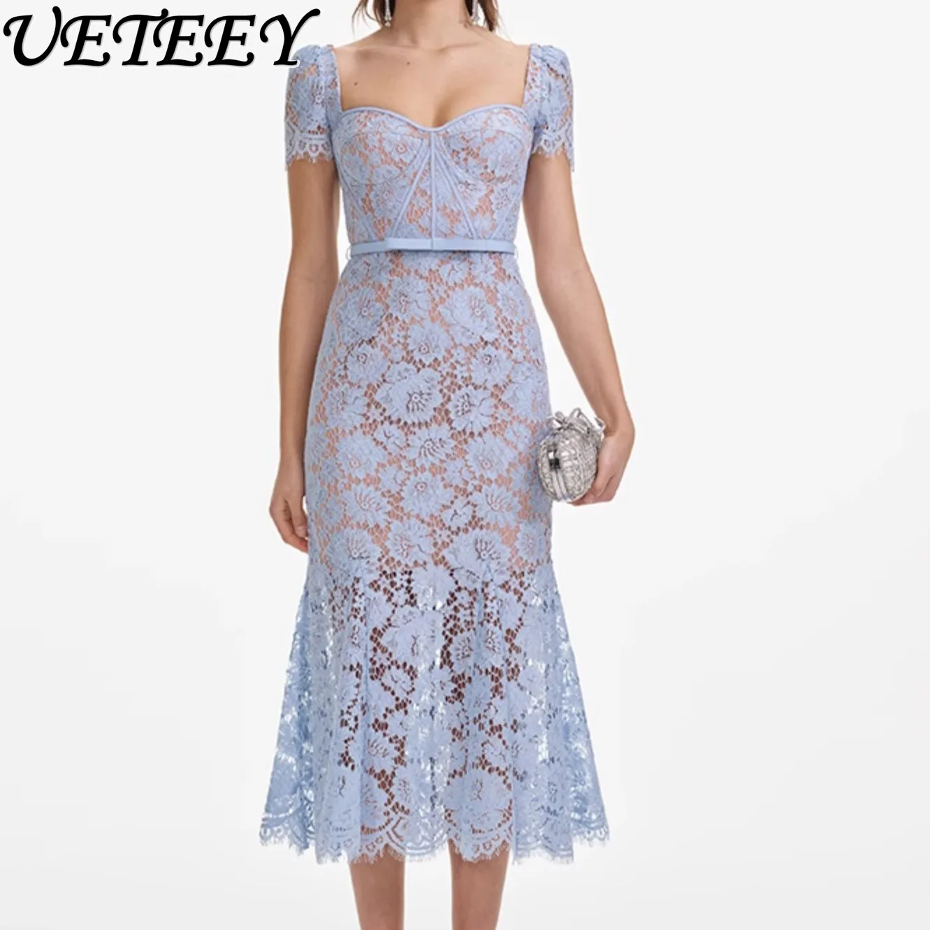 Frühling Sommer Neue Promi Temperament Elegante Square Neck Hohe Taille Dünnes Langes Kleid Spitze Kurzarm Fischschwanz Kleider