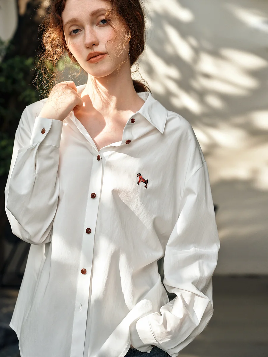 

OLrain White Long Sleeve Shirt Women's Spring 2025 New Casual Fun Embroidered Button Shirt M57CC95655