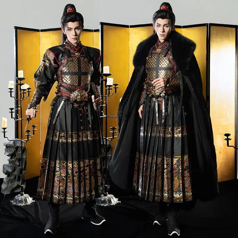 Mink black Hanfu men's thickened and velvet large fur collar cape jacket armor woven flying fish suit