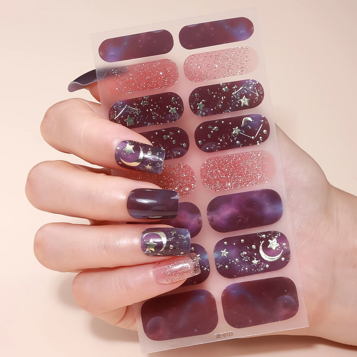 16Tips Gradient Starry Sky Full Cover Nail Polish Strips Glitter Star Moon Adhesive Nail Wraps Manicure Decoration Nail Sticker