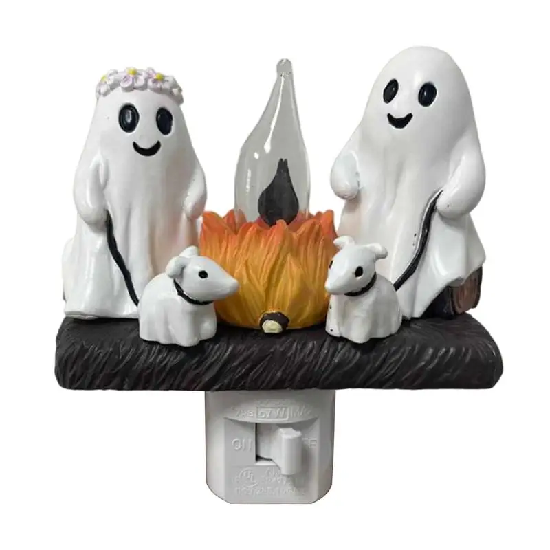 Ghost Campfire Nightlight Halloween Resin Ghost Walking Dog Nightlamp Decorative Nightlight Flameless Candles for Home Patio