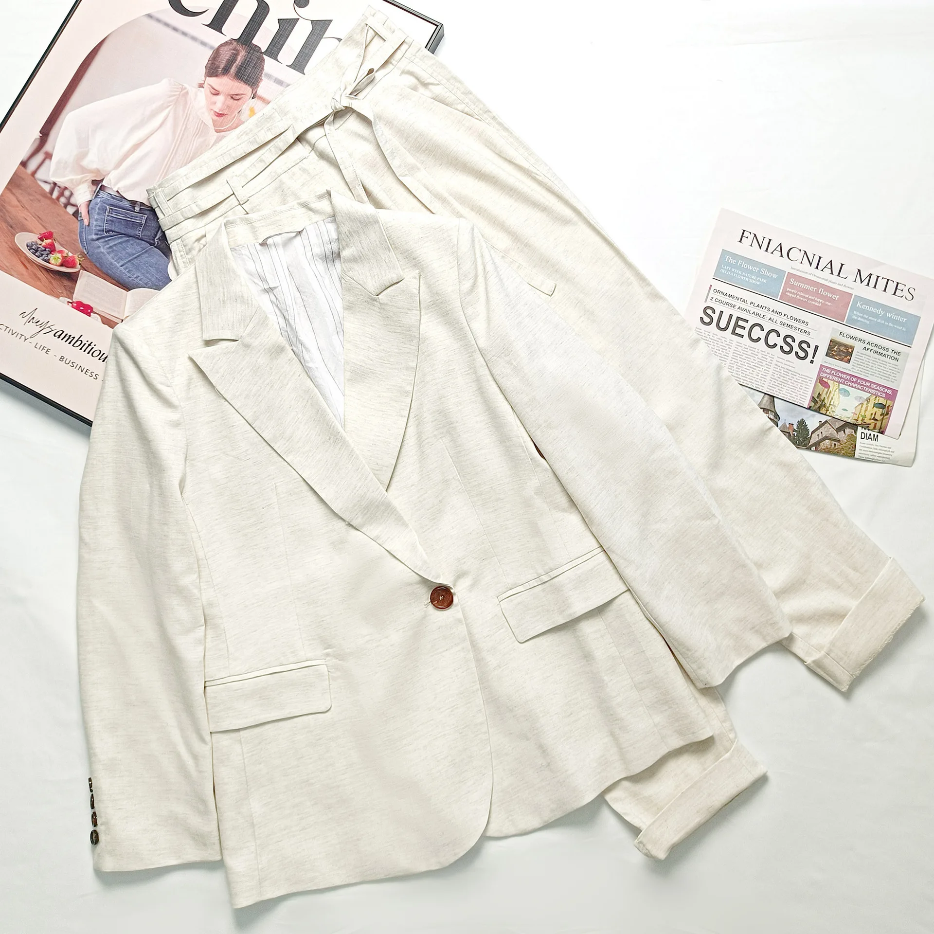 

Single-Breasted Suit for Women, Simple Linen Texture, European and American Fashion, Casual Trousers, Spring Suit, 2022