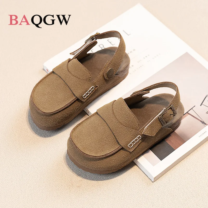 Summer New Children's Softwood Sandals Genuine Leather Boys' Beach Slippers Girls' Frosted Leather Casual Shoes