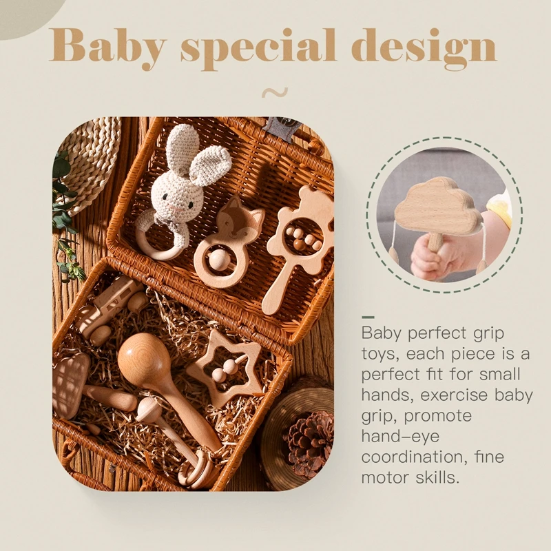 Baby Gift Animal Wooden Rattles Crochet Rabbit Set Silicone Food Plates Bowl Bib Cup Spoon Toy Feeding Supplies Newborn Birthday