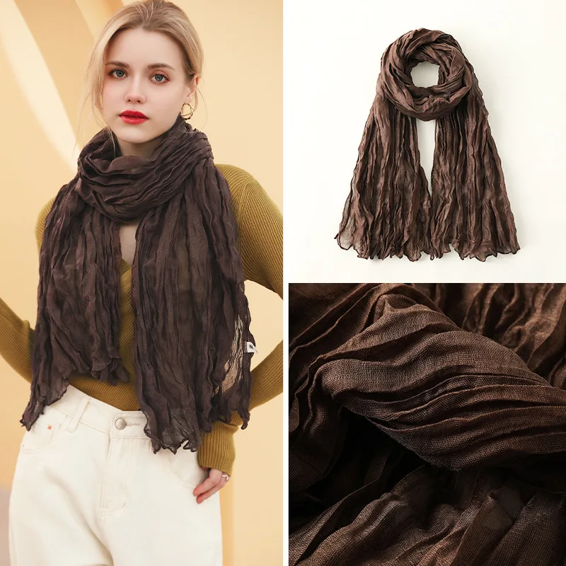 

New Crumpled Scarf for Women Students Spring Solid Color Cotton Voile Thin Scarves Soft Knitting Shawl Female Wrap Shawls