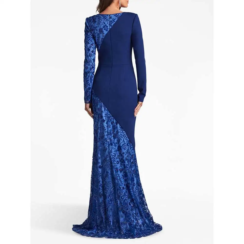 YUMDI Long Sleeve Lace Wrap Hip Evening Dress Blue Bride Mom Dress Formal Dress 2023 Women Elegant Party Special Event Gown