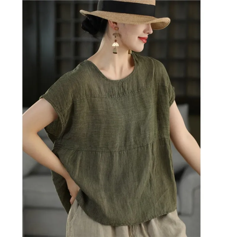 Johnature Women Vintage Linen T-Shirts 2026 Summer New Chinese Style Striped Tees O-Neck Sleeveless Casual Soft T-Shirts