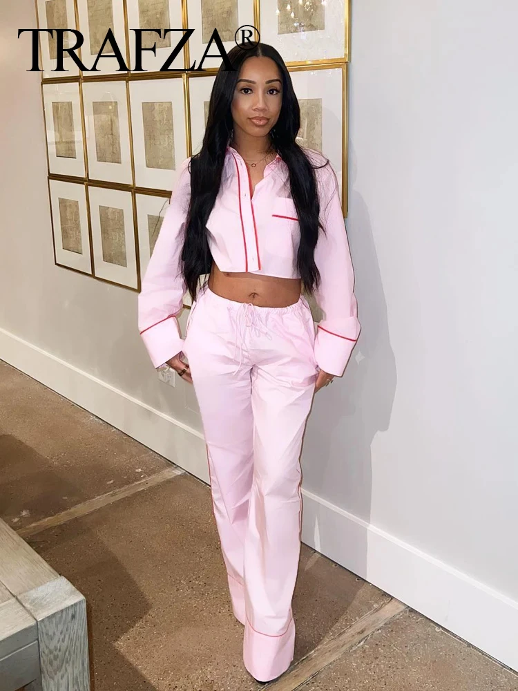 TRAFZA 2024 Summer Fashion Pink Suit Causal Lapel Long Sleeves Short Shirt Elastic Waist Straight Long Pant Female Sweet Suit