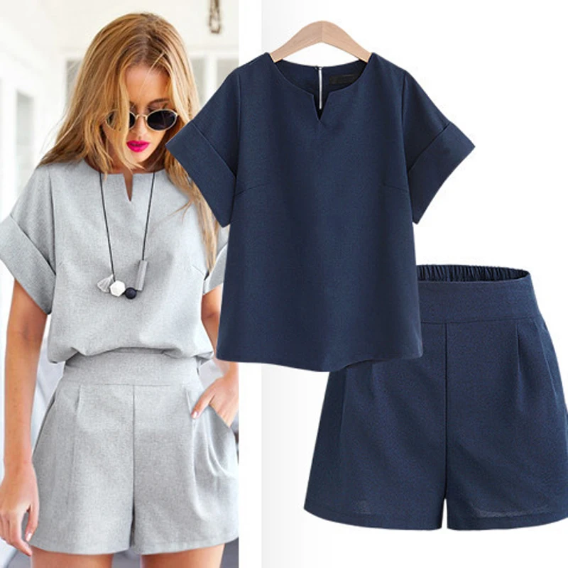 2024 Summer Fashion New Cotton Linen Oversized Women\'s Shorts Sets Solid Short Sleeve T-shirt Top and Shorts 2 Piece Set Outfits