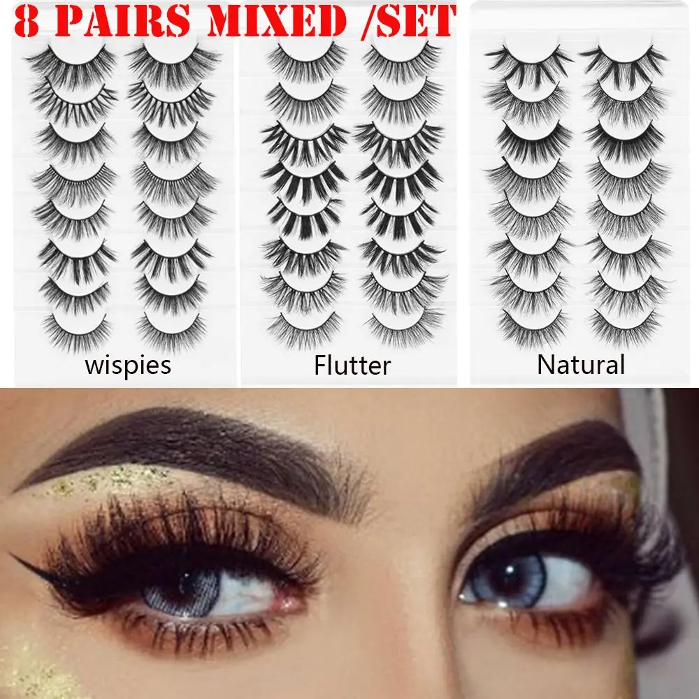 Natural Criss-cross Wispies Cílios macios, 3D Mink Lashes, Volume total, Beleza Eye Lash Extensão, estilos mistos, 8 pares