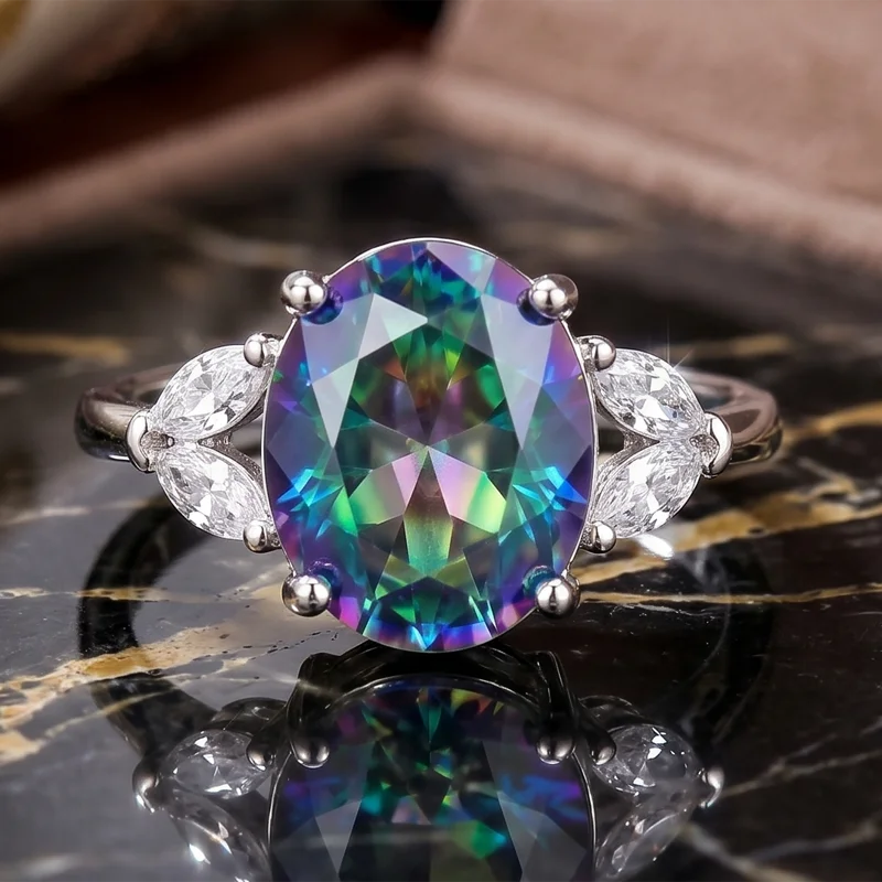 17x11mm Lovely Cute Color Changing Alexandrite Topaz Zultanite Fire Rainbow Mystic Topaz CZ Engagement Silver Rings