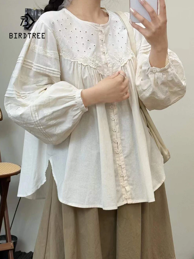 

New 2025 Autumn Cotton Puff Long Sleeve Shirt, Women O Neck Embroidery, Mori Girl Retro French Versatile Loose Blouse T57848CC