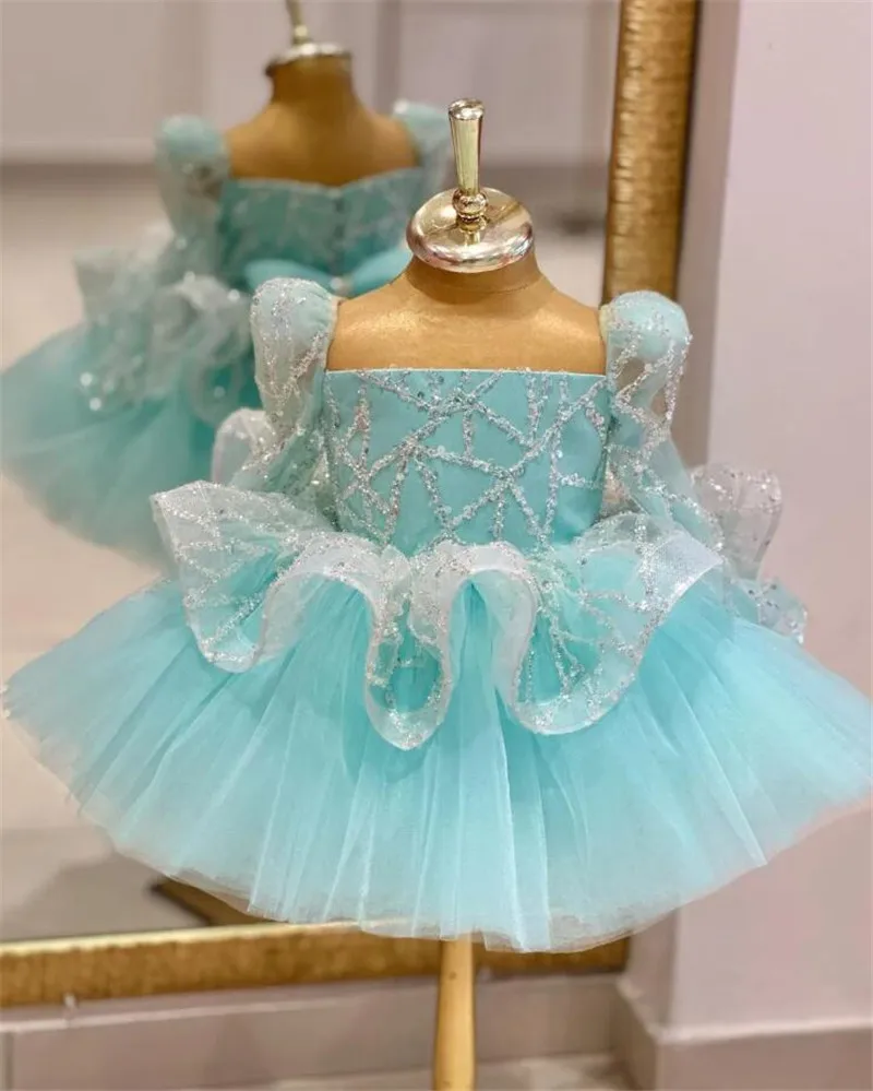 

Cute Puffy Customize Girls Birthday Dress with Train Tiers Tulle Tutu Knee Length Flower Girl Dress Kid Outfit Photoshoot