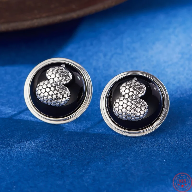 

S925 Sterling Silver Stud Earrings for Women Retro Gourd Pattern Inlaid Round Agate Ear Studs Fashion Jewelry Wholesale