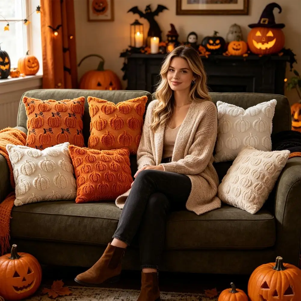 Halloween Pumpkin Cushion Covers Decorative Throw Pillow Cases Fall Pumpkin Cushion Cover 18x18 Inch Plush Harvest for Sofa