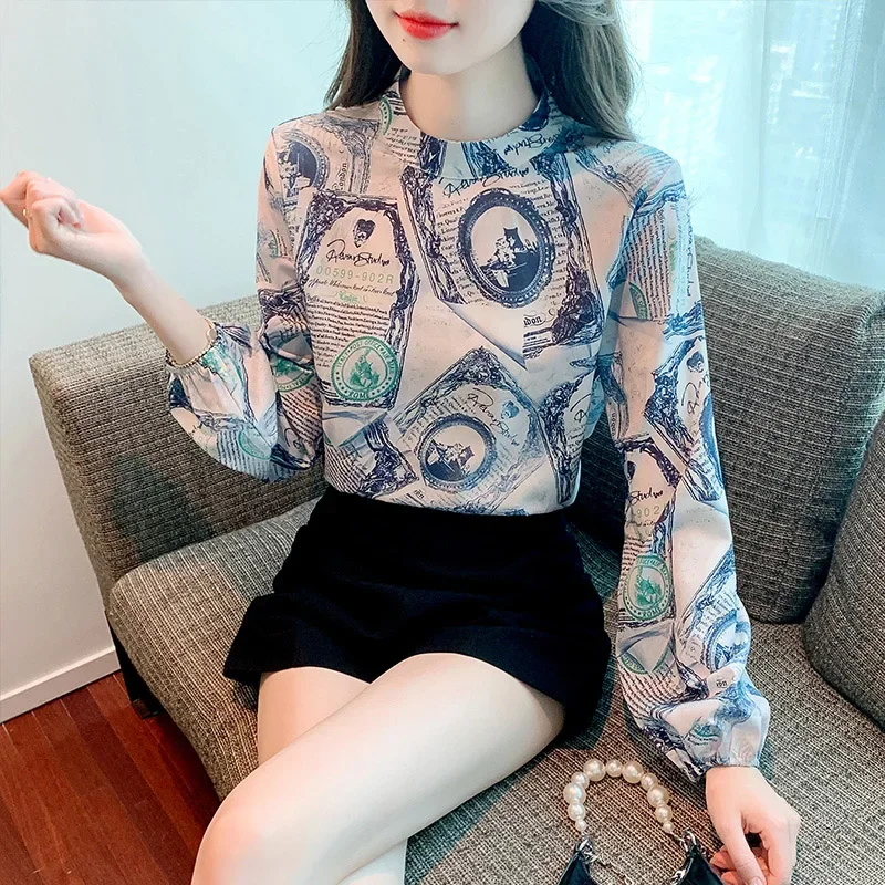 Women Long Sleeve O-neck Blouse Spring Top Loose Chic Printed Simple Vintage Casual Chiffon Shirts Female Clothing