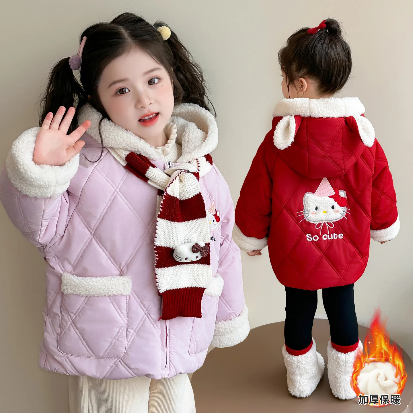 

Бархатное пальто для девочек в стиле аниме «Hello Kitty», осенне-зимняя хлопковая куртка, модная детская толстая зимняя хлопковая куртка с хлопковой подкладкой