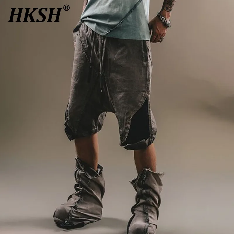 HKSH Men\'s Tide Punk Cotton Capris Irregular Cutting Splicing Folding 3D Deconstructing Waste Land Functional Chic Shorts HK1630