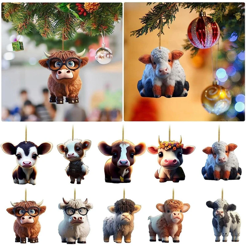 

10pcs Cartoon Cow Car Pendant Home Christmas Tree Decoration Rearview Mirror Pendants Window Ornaments Hanging Car Accessories