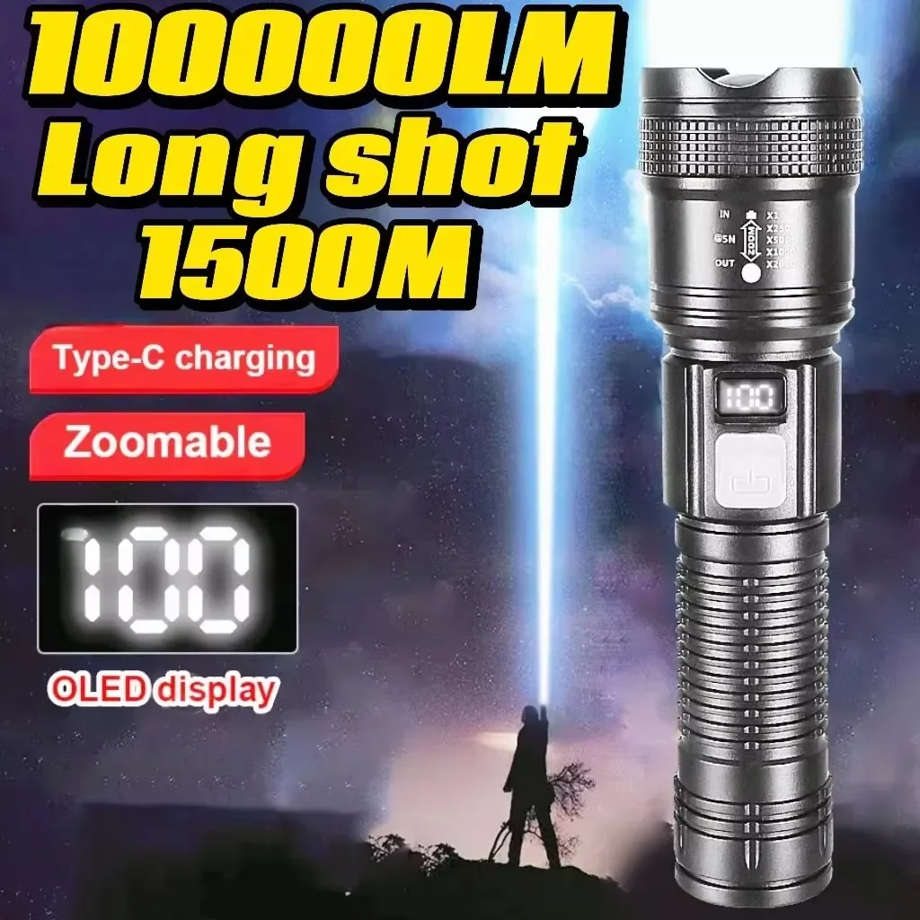 100000 LM Super Bright Flashlight LED Long Range USB Rechargeable Tactical Torch Outdoor Waterproof Camping Fishing Lantern