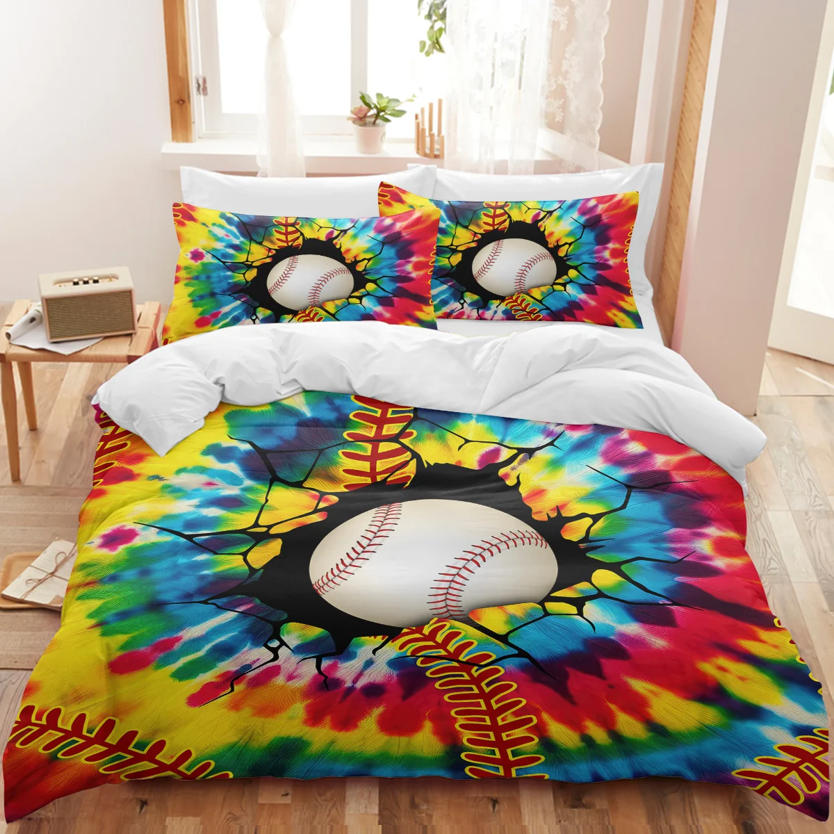 BeddingOutlet 3PCS Baseball Duvet Cover Set Warm Soft Colorful Tie Dye Sports Print Bed Set with Zipper Closure for Boys Girls