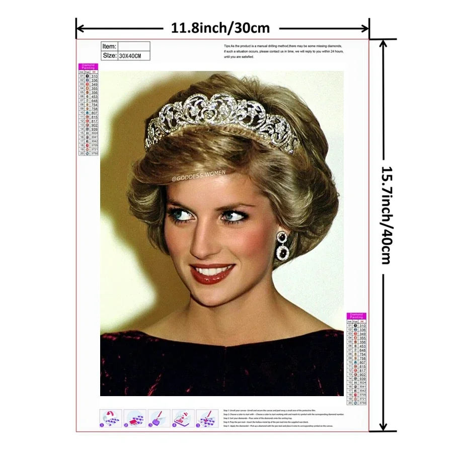 Princess Diana 5D DIY Diamond Painting Princess Of Wales Portrait Cross Stitch Kit Embroidery Picture Mosaic Home Decor