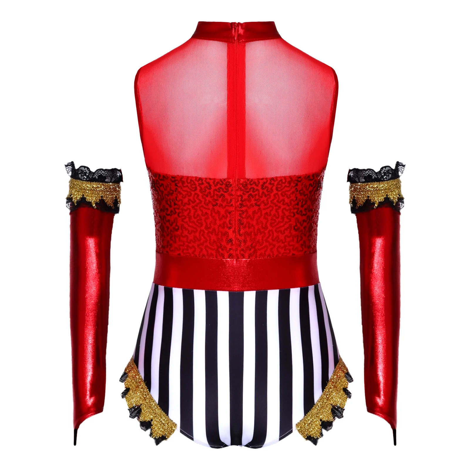 Kostum Pemimpin Sirkus Anak Perempuan Leotard Cosplay Halloween Berdandan Payet Leher Tiruan Jumpsuit Tanpa Lengan dengan Lengan Atas
