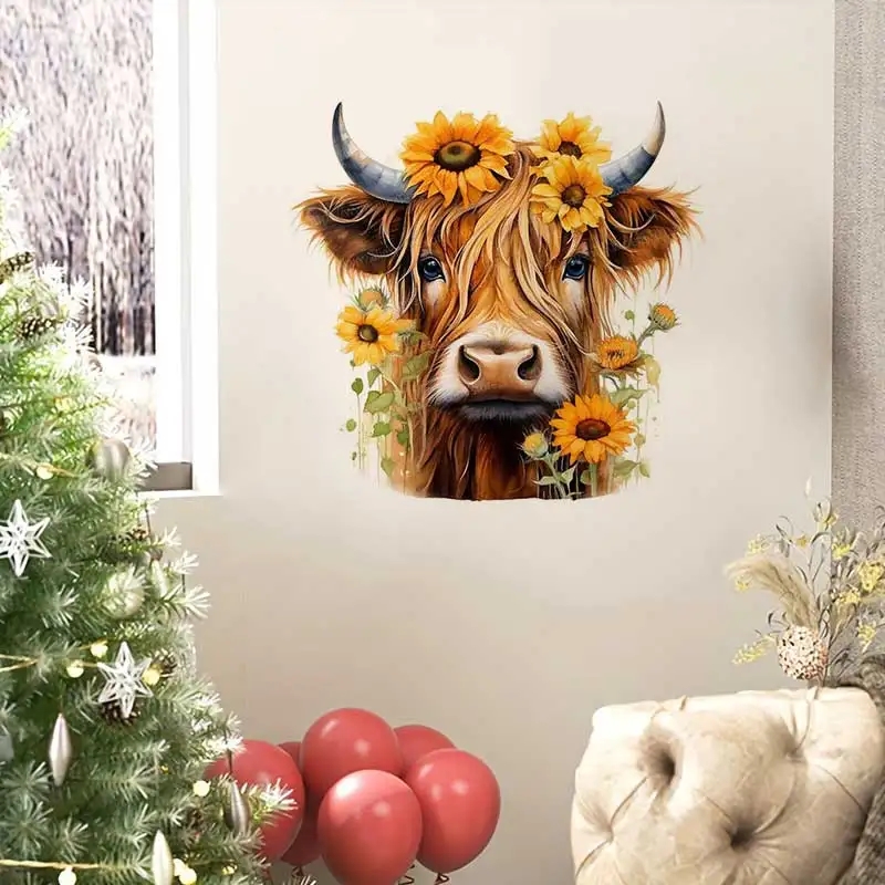 Highland Cow And Sunflower Wall Stickers Decals for Bathroom Toilet Living Room Cabinet Fridge - Home Decorative Mural AA192